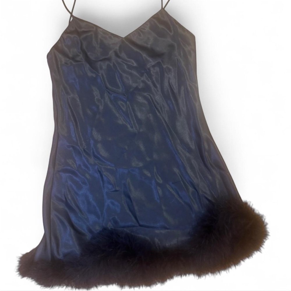 Vintage Victoria's Secret Gold Label Black Satin Slip Dress with Faux Fur Hem